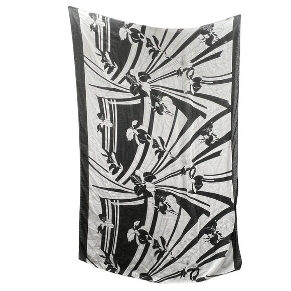 Vintage Black and White Lilly Flowers Scarf Large‎ 40 x 60" Made in Korea - Picture 1 of 6